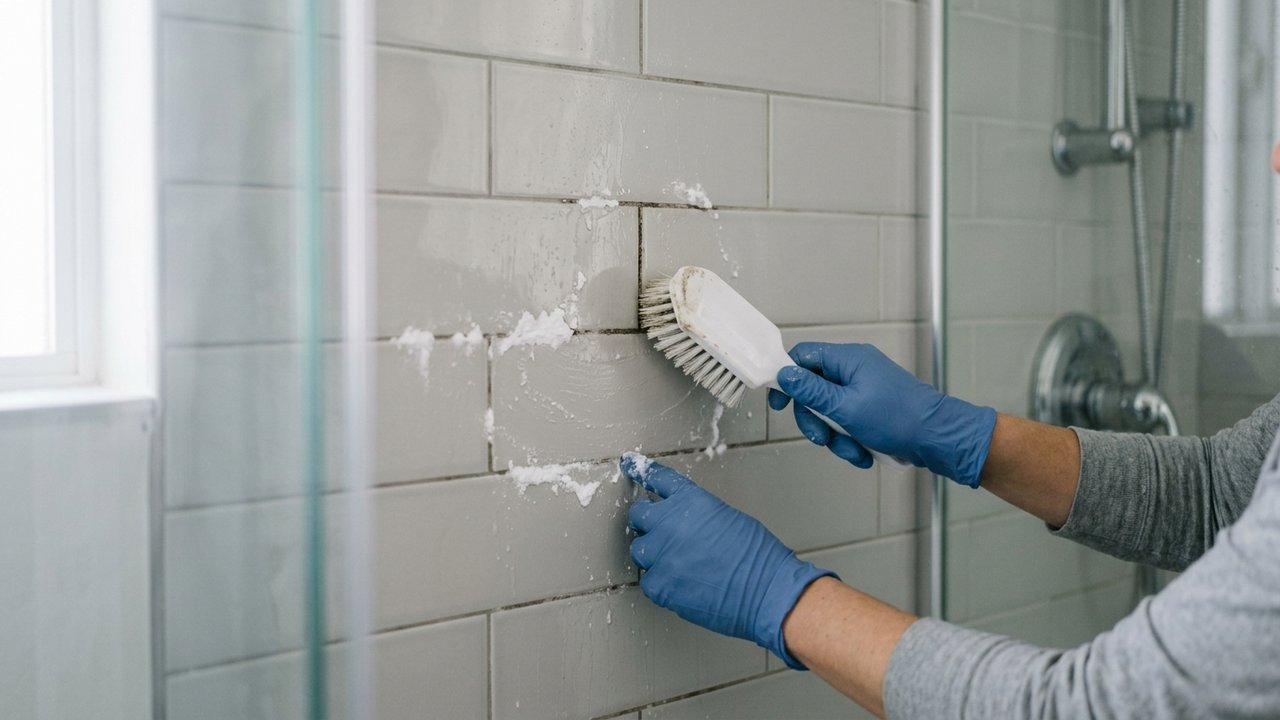 Nettoyage des joints de carrelage de douche avec bicarbonate et brosse