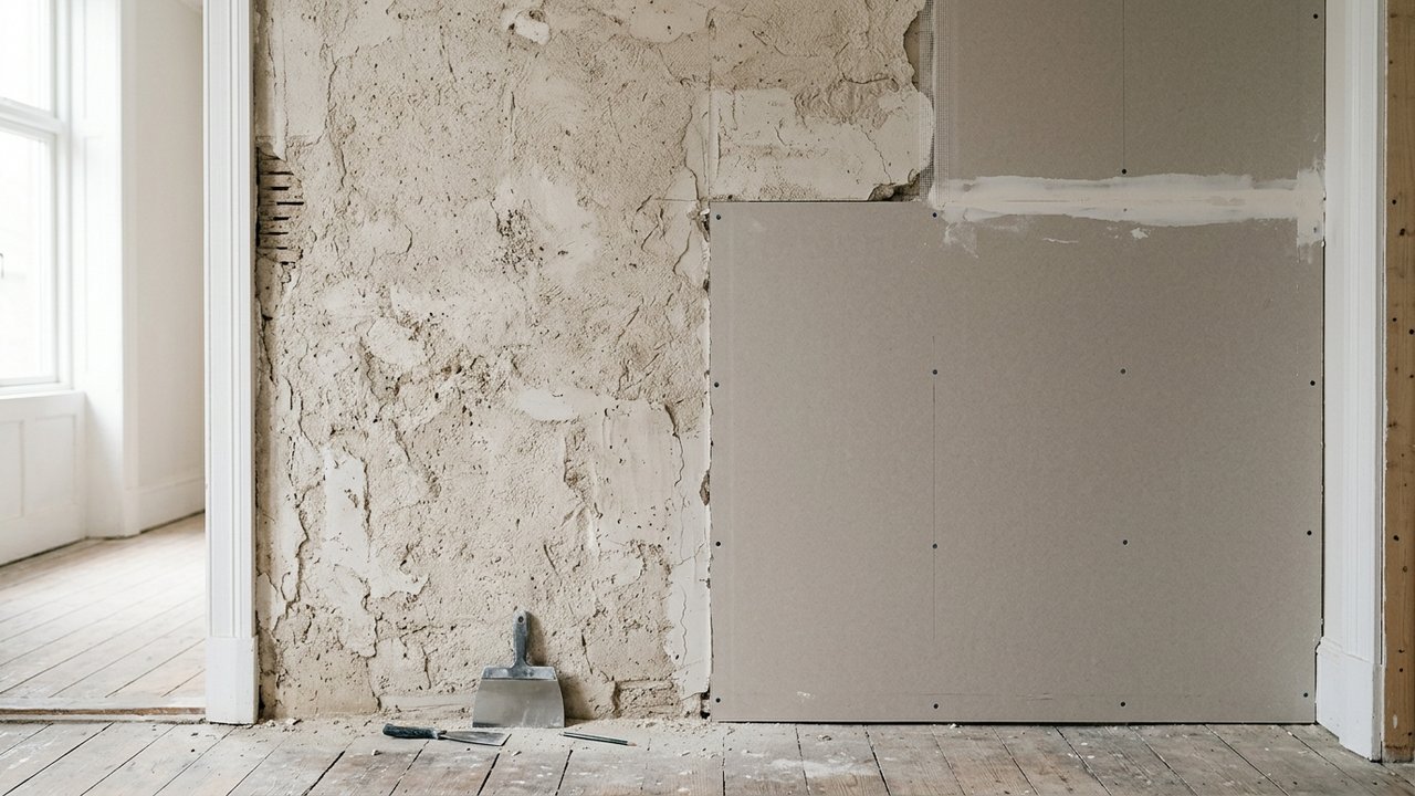 Pose de plaques de plâtre sur un mur en crépi intérieur