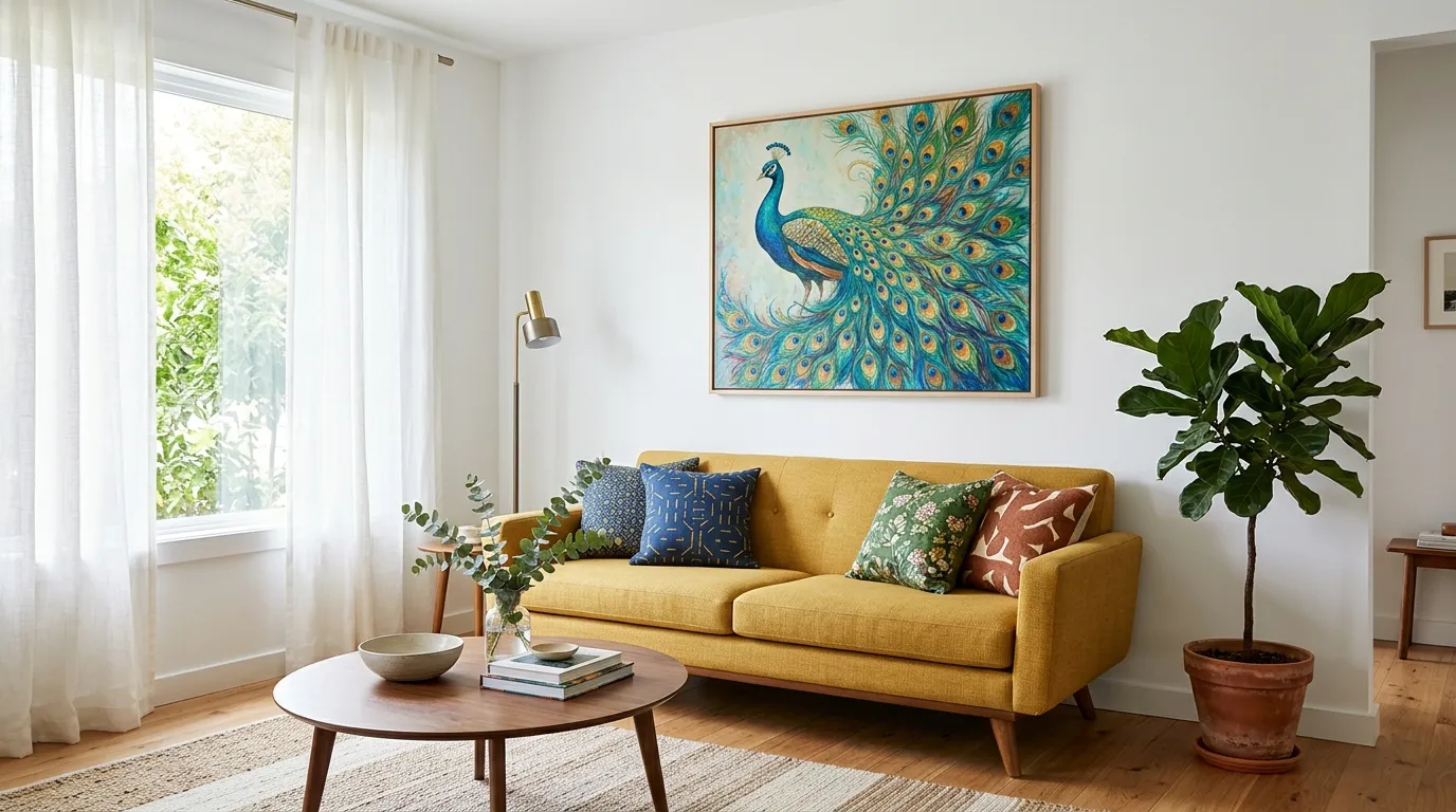 Tableau original avec un paon qui s'accorde à la décoration de la pièce