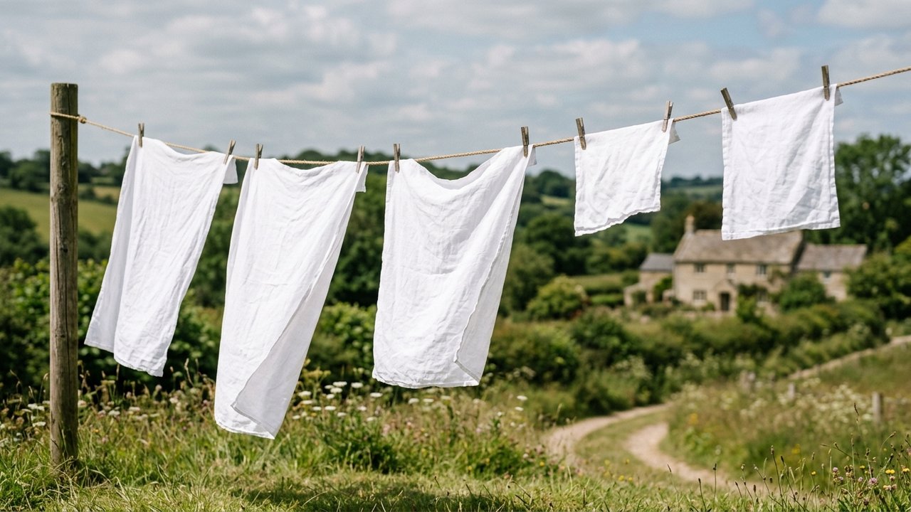 Séchage de draps en lin sur un fil pour éviter le repassage