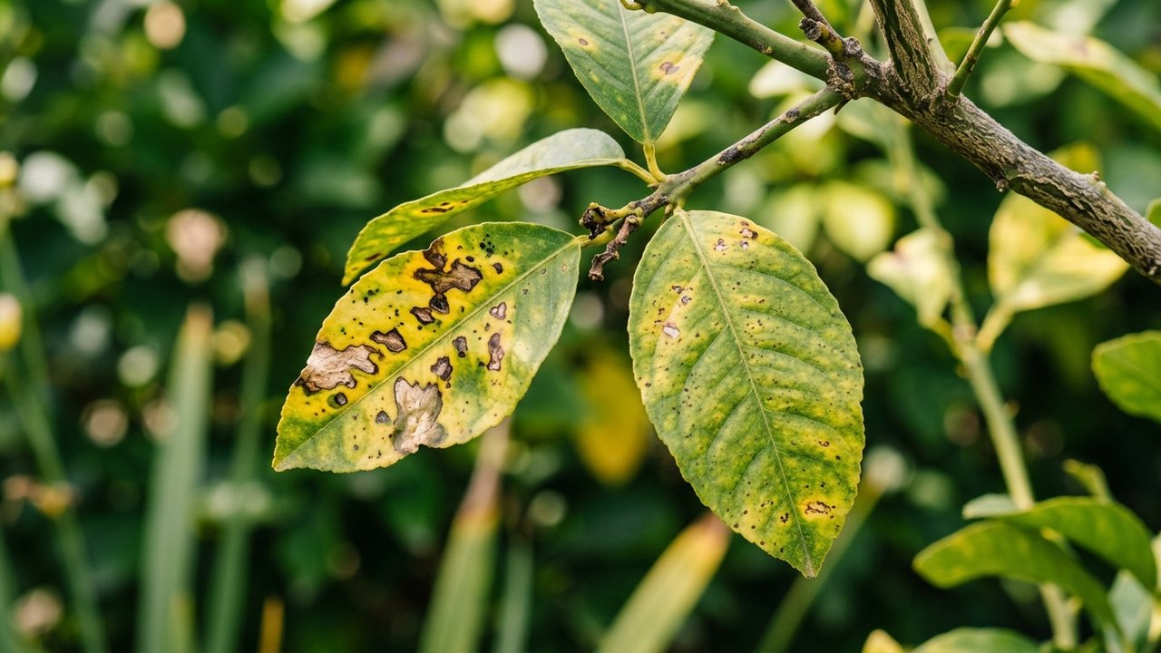 Détail des symptômes visibles sur les feuilles d'un citronnier malade