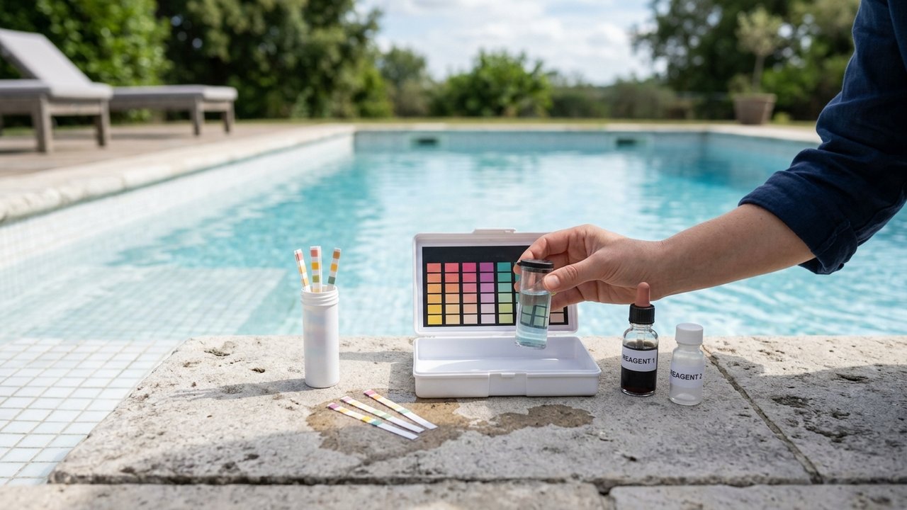 Test de l'eau d'une piscine avec bandelettes et produits de traitement