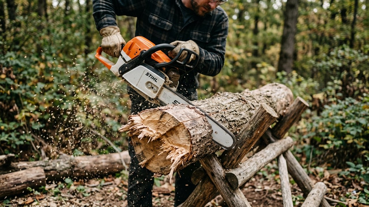 Tronçonneuse qui coupe de travers dans le bois