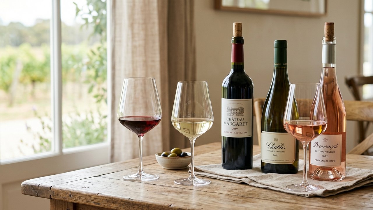 Verres de vin rouge, blanc et rosé sur table de repas