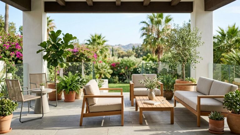 Véranda aménagée en espace de vie avec canapé, plantes et mobilier design