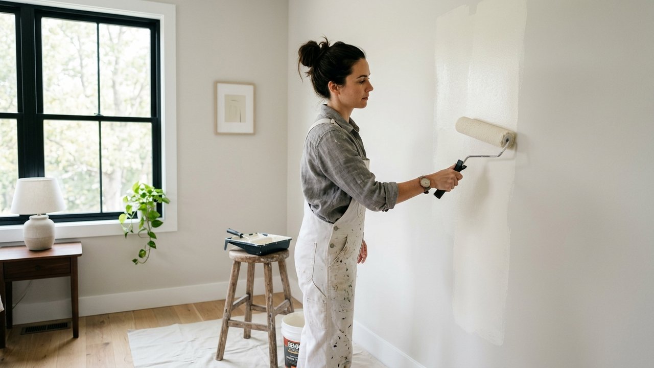 Application d'une peinture haut de gamme au rouleau sur mur de chambre