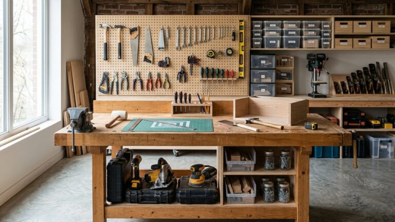 Atelier de bricolage avec établi en bois et rangement mural perforé