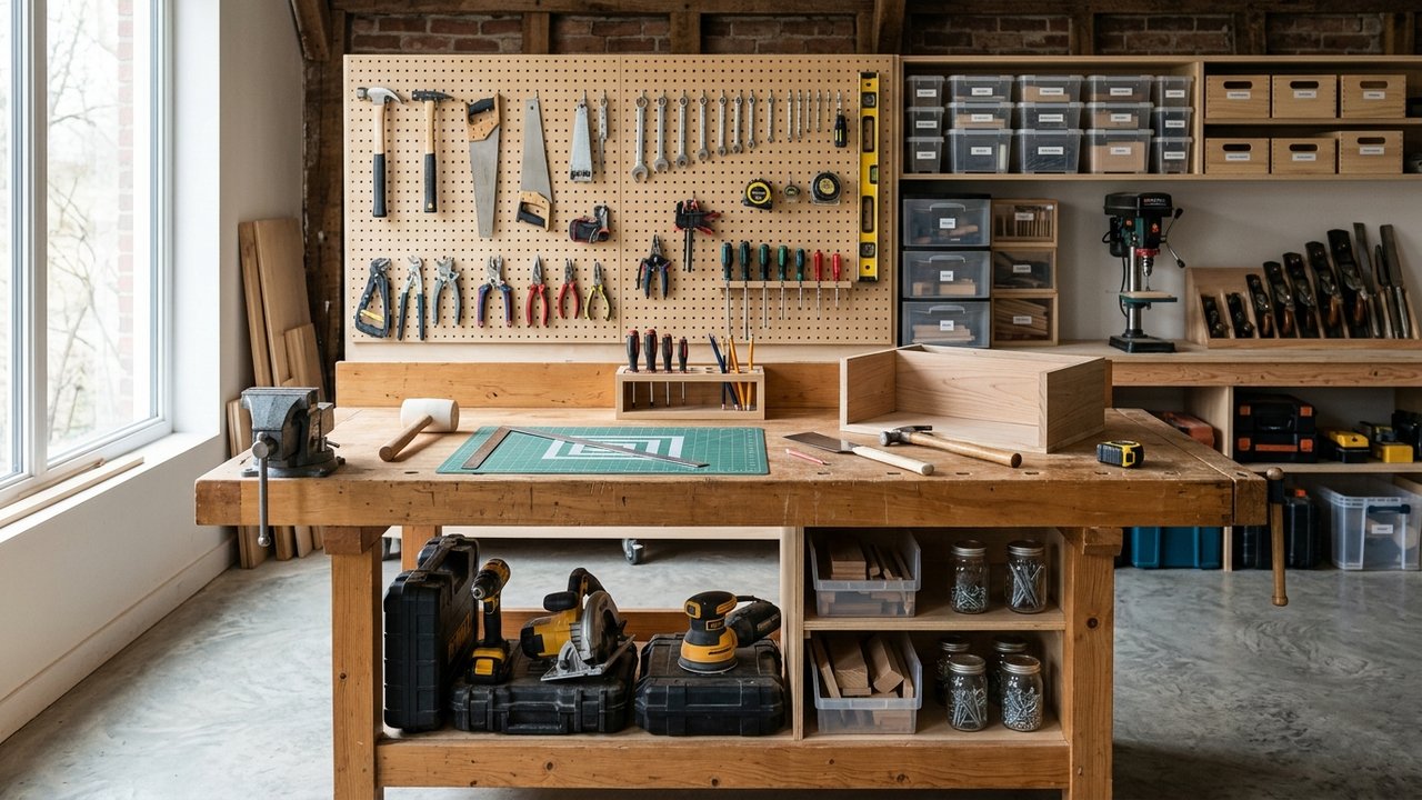 Atelier de bricolage avec établi en bois et rangement mural perforé