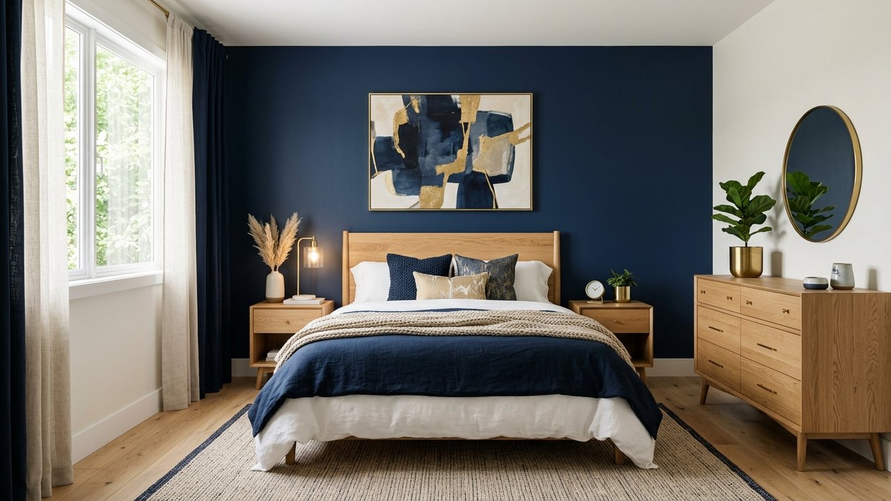 Association bleu nuit, or et bois dans une chambre sophistiquée