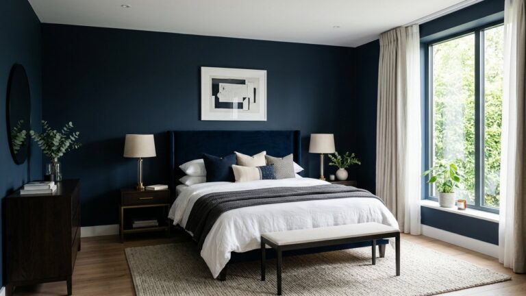 Chambre décorée en bleu nuit avec mobilier et textiles élégants