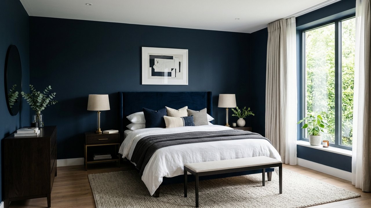 Chambre décorée en bleu nuit avec mobilier et textiles élégants