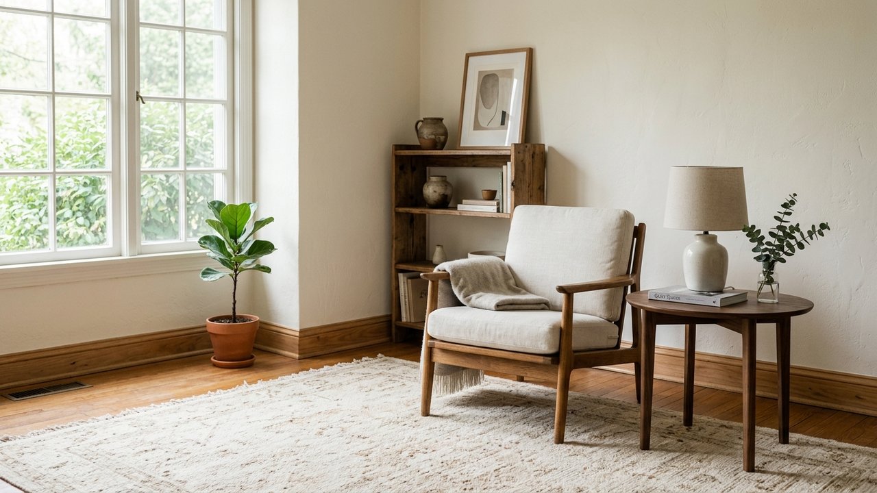 Coin salon cosy d'une véranda avec tapis épais et mobilier en bois