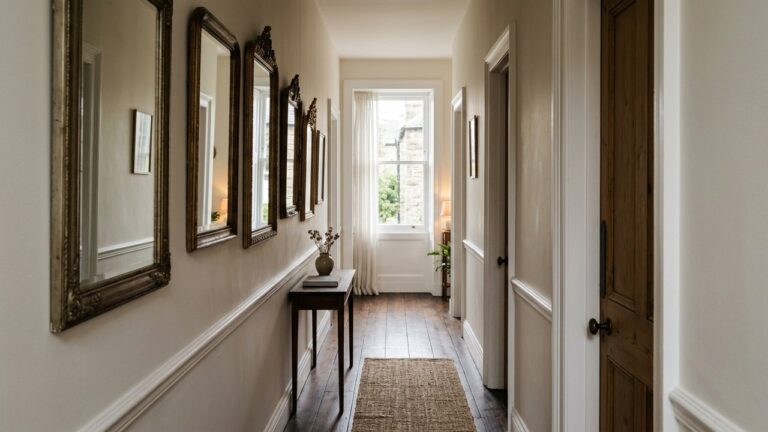 Couloir étroit et sombre aménagé avec couleurs claires et miroirs
