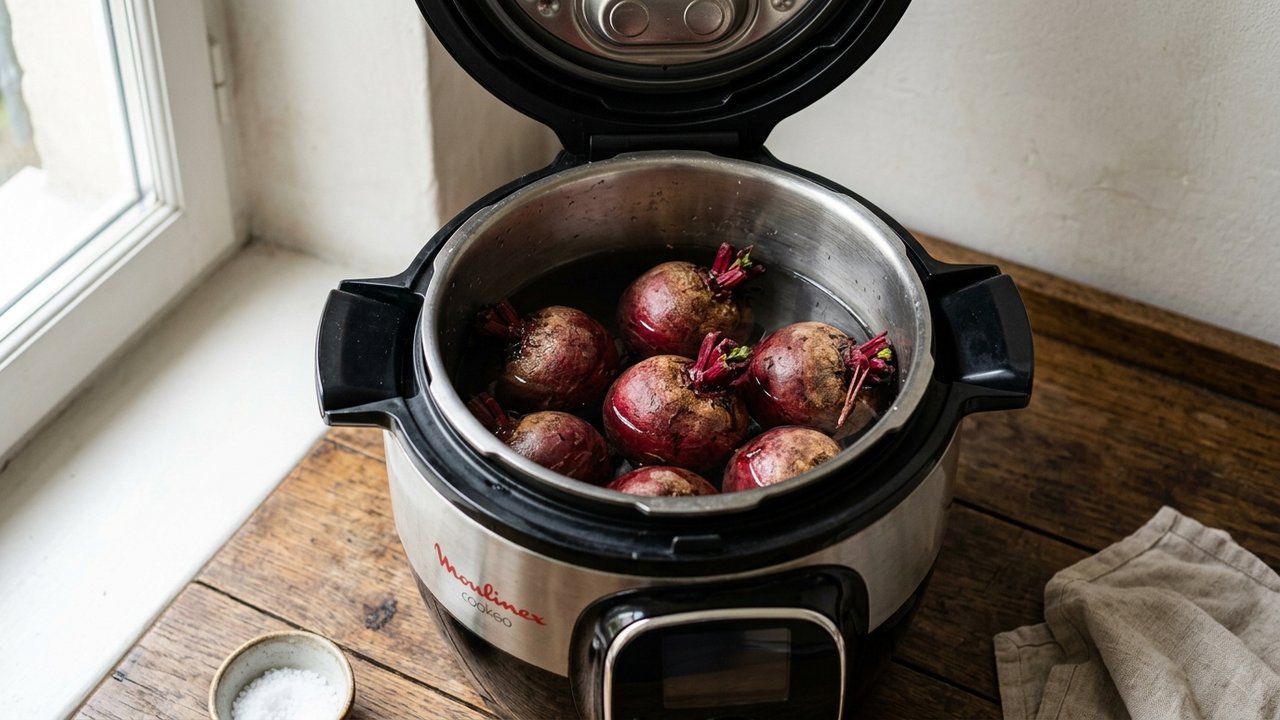 Betteraves rouges entières cuisant sous pression au Cookeo