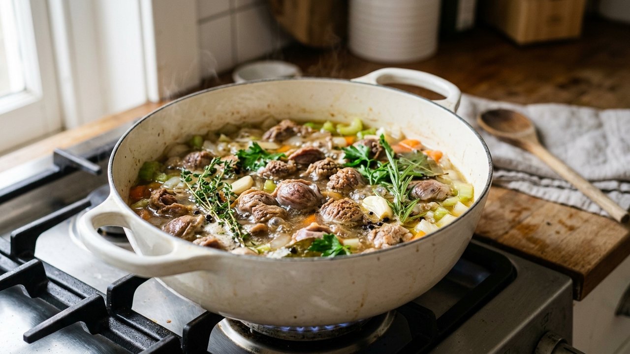 Gésiers de volaille mijotant en cocotte avec bouillon