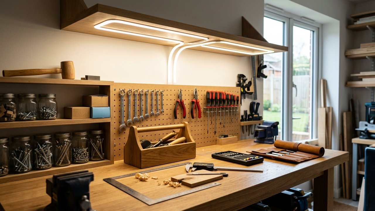 Éclairage LED uniforme et fonctionnel d'un établi d'atelier