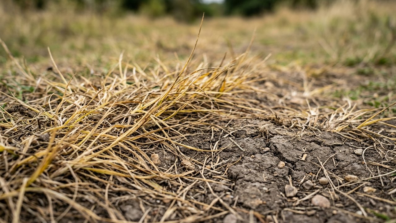 Détail d'une pelouse jaunie avec sol compacté