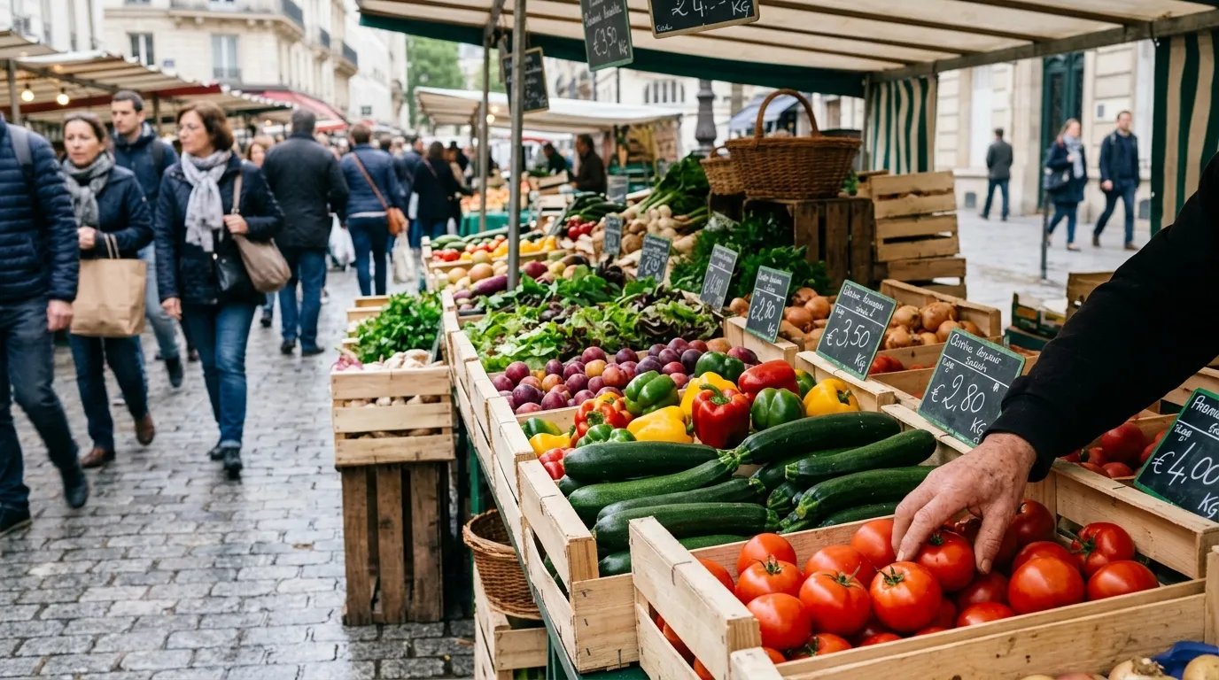 marche-parisien Etal d'un marchant de fruits et légumes en plein Paris
