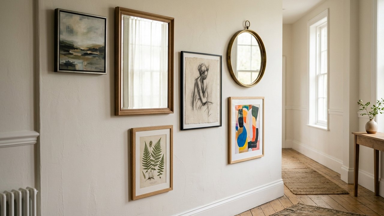 Mur de couloir étroit avec miroirs et cadres sur peinture claire