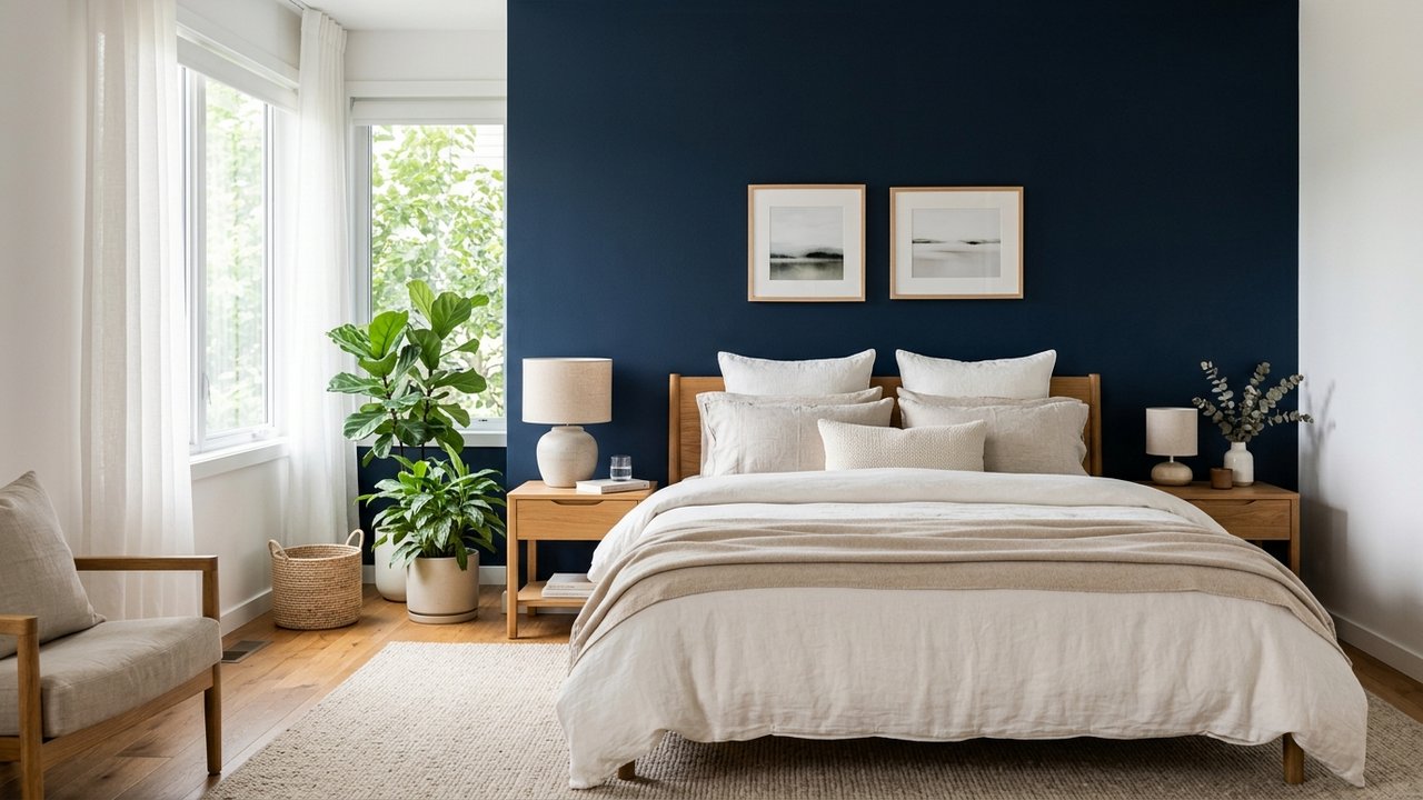 Mur bleu nuit derrière un lit avec linge de lit neutre