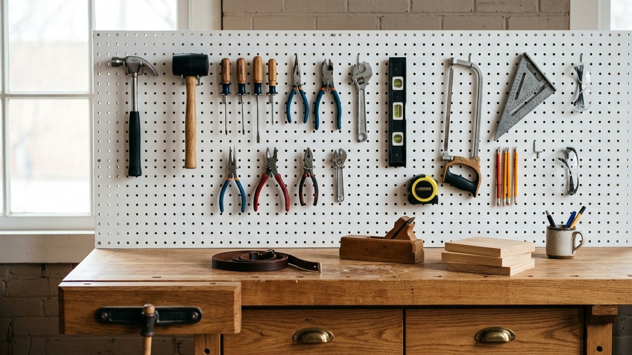Panneau perforé blanc au-dessus d'un établi pour ranger les outils