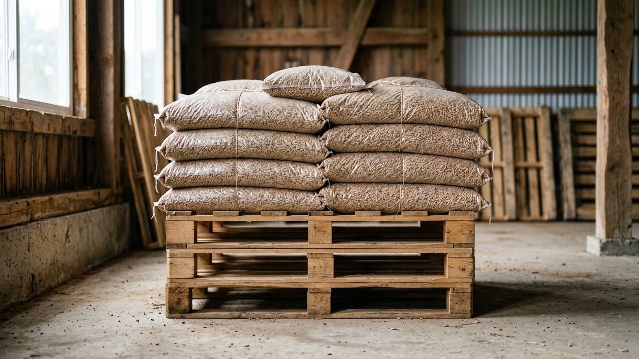 Granulés de bois surélevés sur palette pour éviter l'humidité du sol