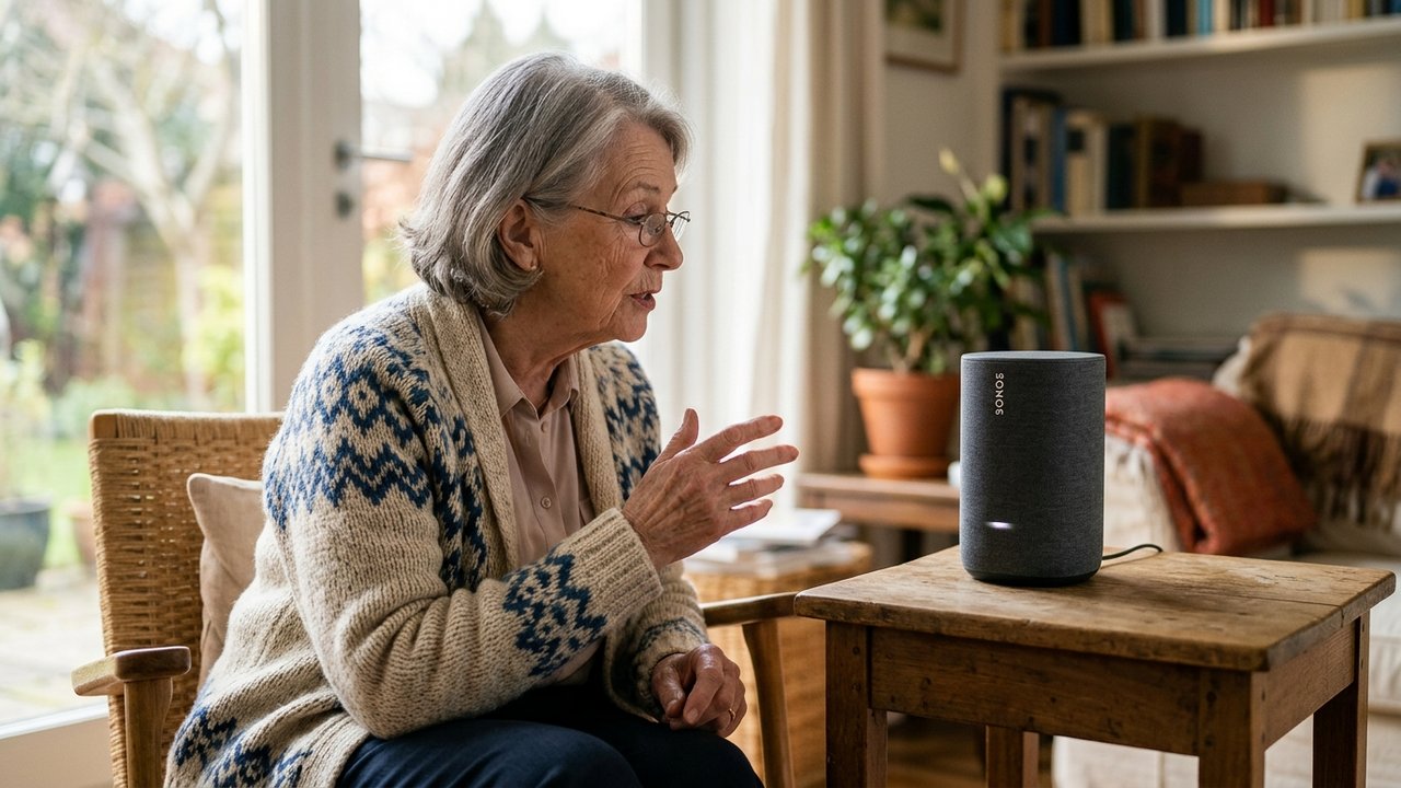 Personne âgée utilisant la commande vocale pour contrôler son logement intelligent