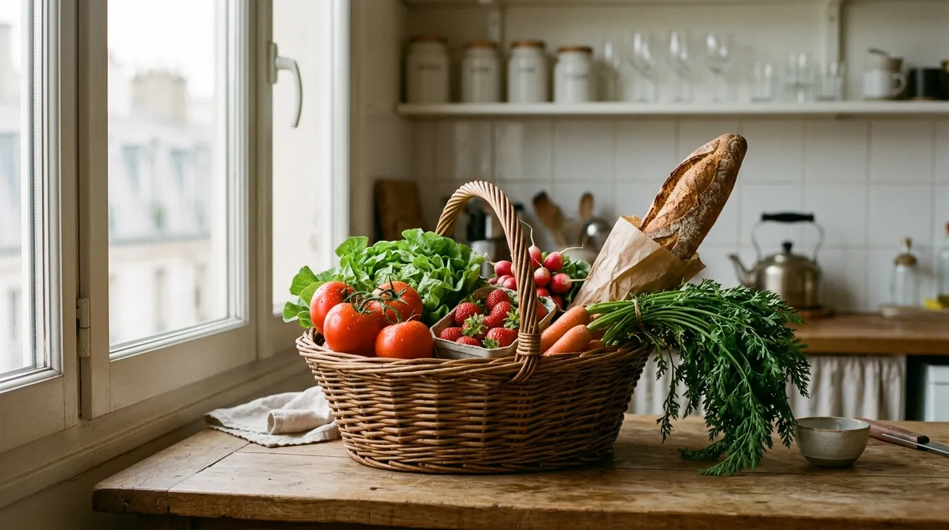 Panier de produits frais posé sur une plan de travail dans une cuisine