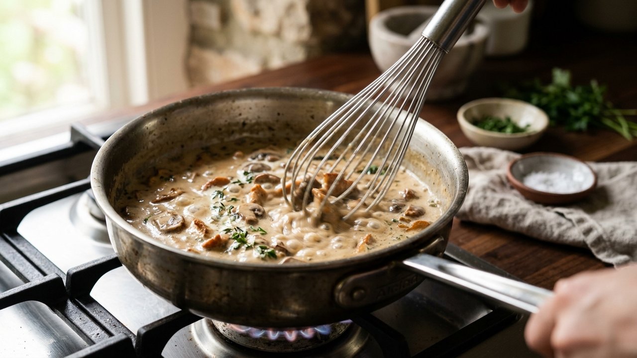 Préparation d'une sauce au fond de veau avec champignons et crème fraîche