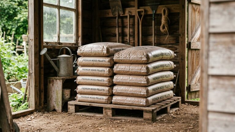 Sacs de pellets empilés sur une palette dans un abri de jardin