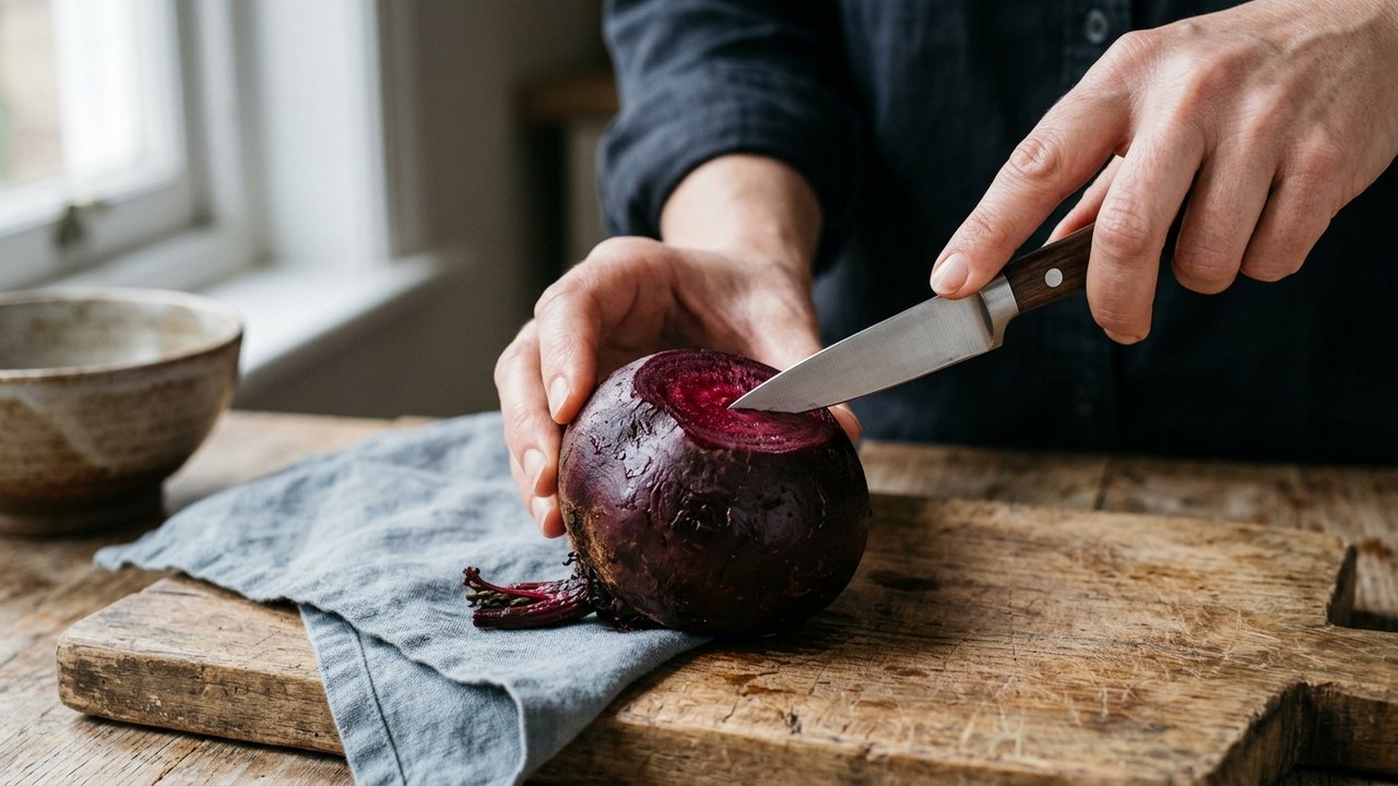 Test de cuisson d'une betterave rouge avec la pointe d'un couteau