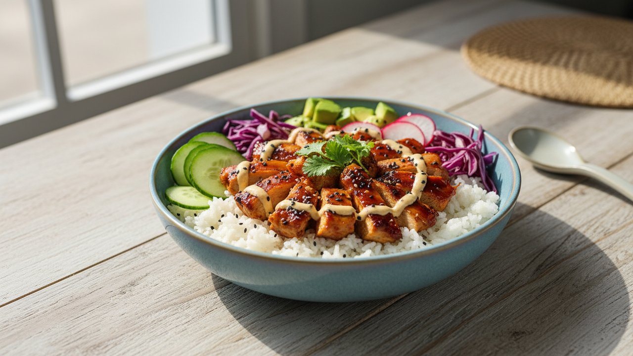 Assemblage d'un poke bowl au poulet avec garnitures colorées