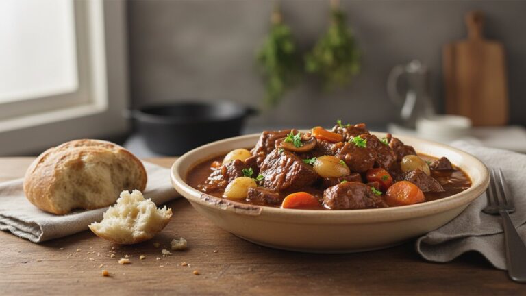 Bœuf bourguignon sans vin : viande fondante et sauce nappante