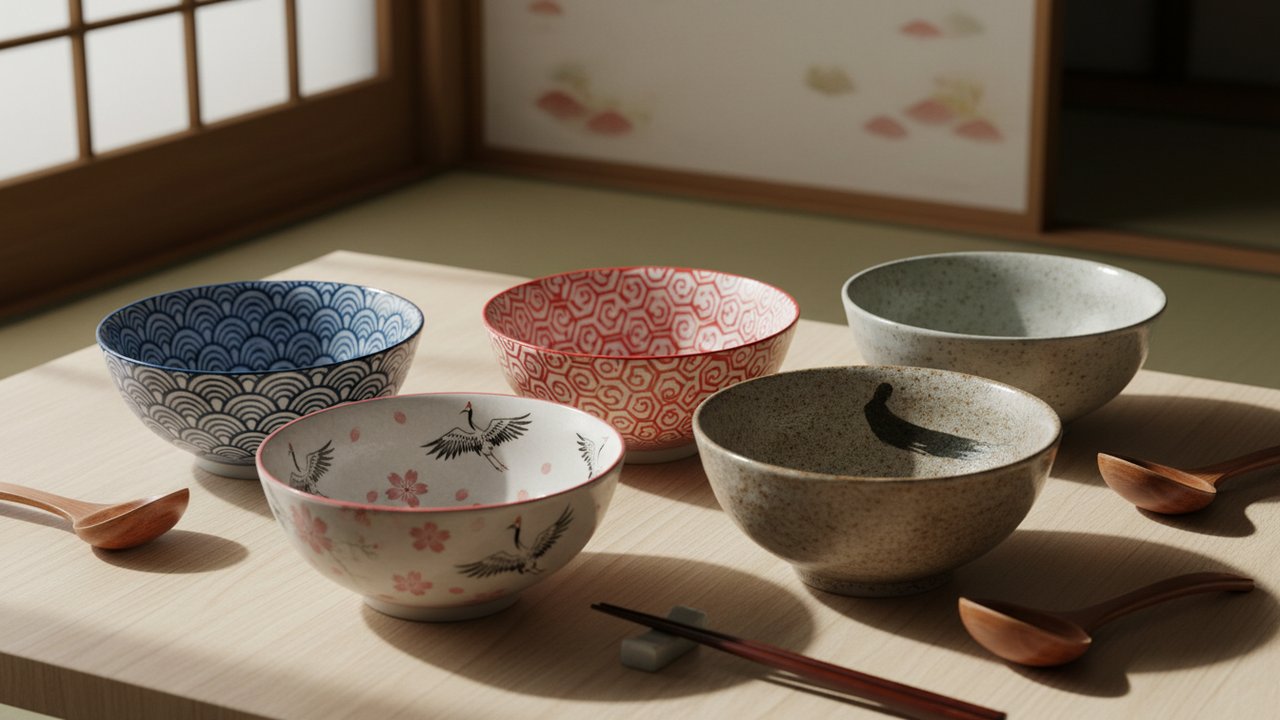 Sélection de bols à ramen japonais avec différents motifs traditionnels