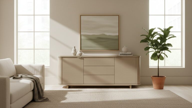 Buffet en bois clair avec formes arrondies et façade minimaliste