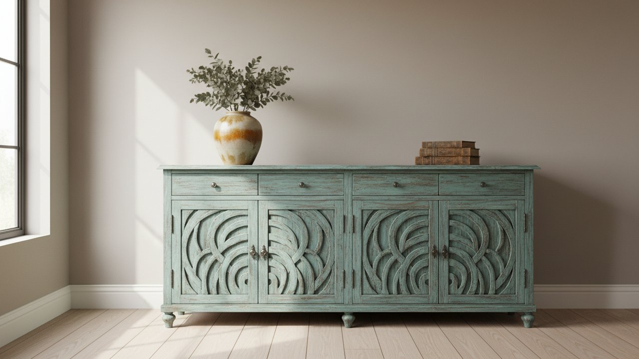 Buffet vintage coloré avec relief de façade et tons sourds