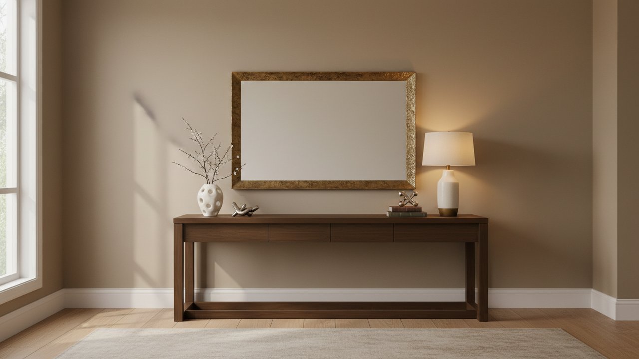 Buffet en salle à manger avec objets décoratifs et miroir