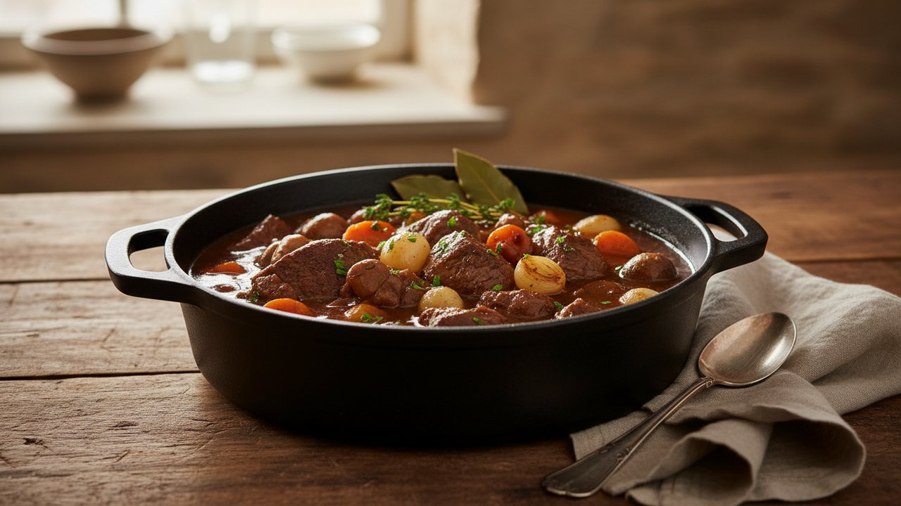 Cuisson du bœuf bourguignon en cocotte avec champignons et carottes