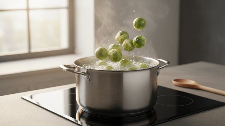Choux de Bruxelles frais cuisant dans l'eau bouillante salée