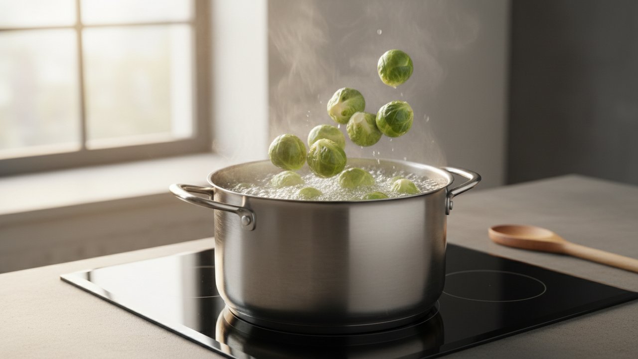 Choux de Bruxelles frais cuisant dans l'eau bouillante salée