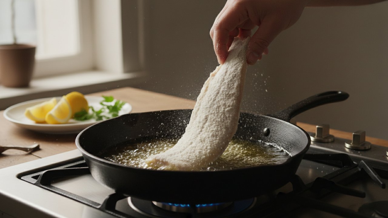 Cuisson de la saumonette à la poêle, côté peau dans l'huile chaude