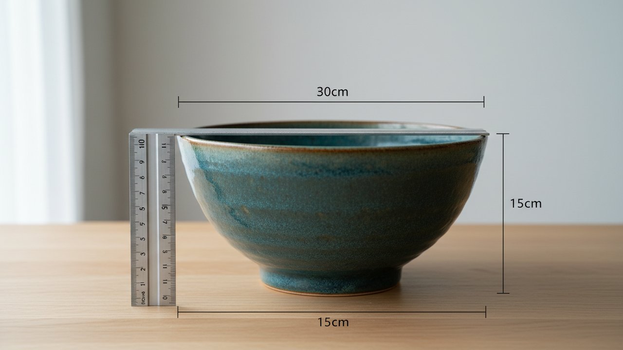 Bol à ramen avec ses dimensions standards affichées : diamètre et profondeur