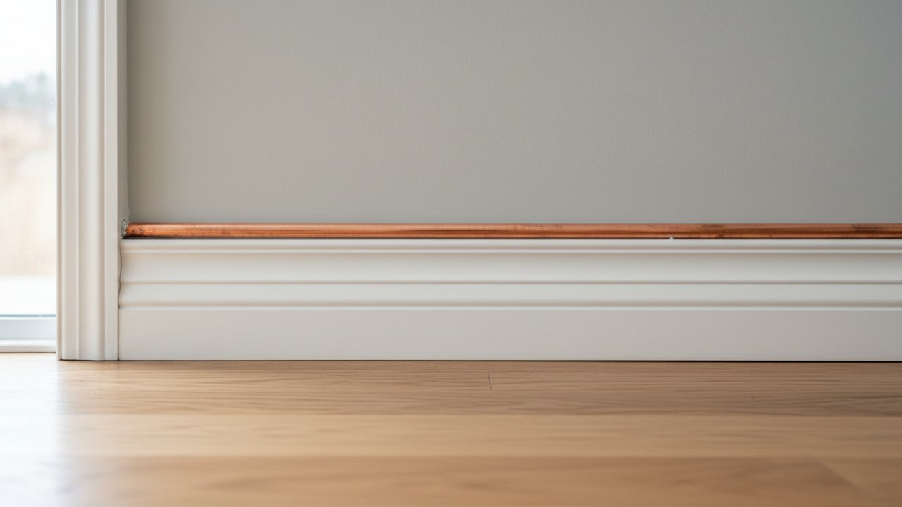 Goulotte PVC cache-tuyaux installée sur une canalisation de chauffage