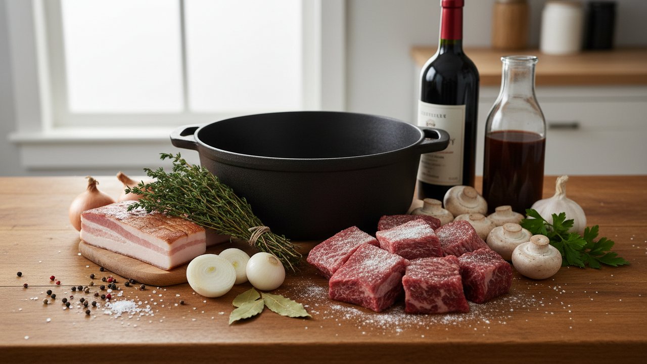 Ingrédients pour préparer un bœuf bourguignon sans vin