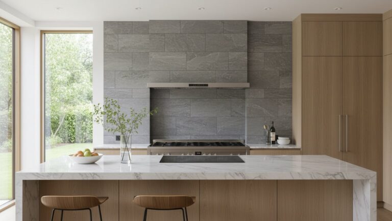 Mur en pierre grise dans une cuisine contemporaine avec électroménagers inox