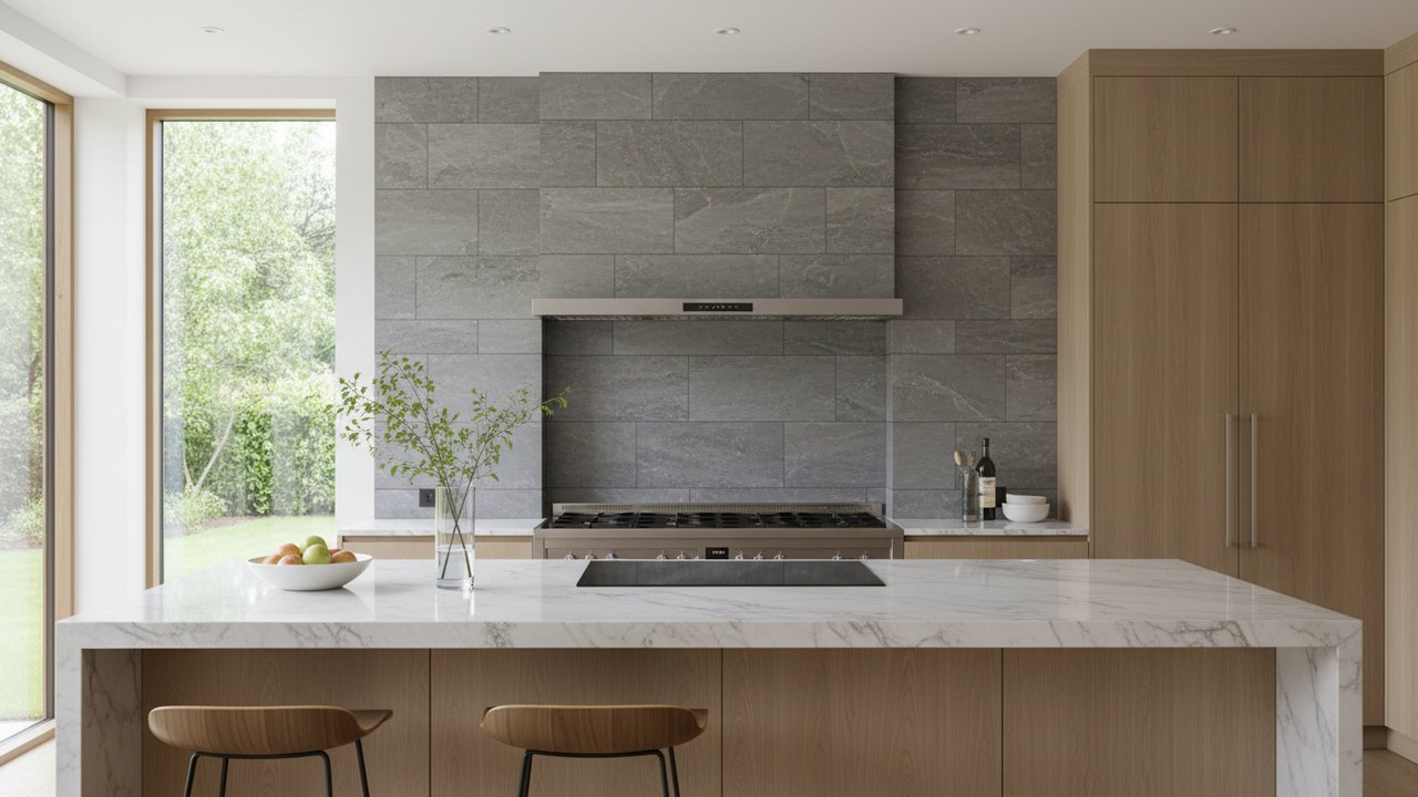 Mur en pierre grise dans une cuisine contemporaine avec électroménagers inox