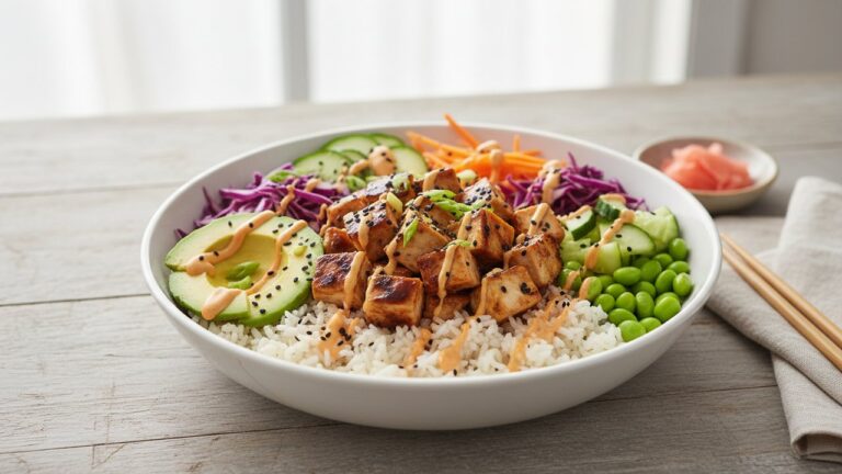 Poke bowl au poulet avec riz, avocat et légumes frais