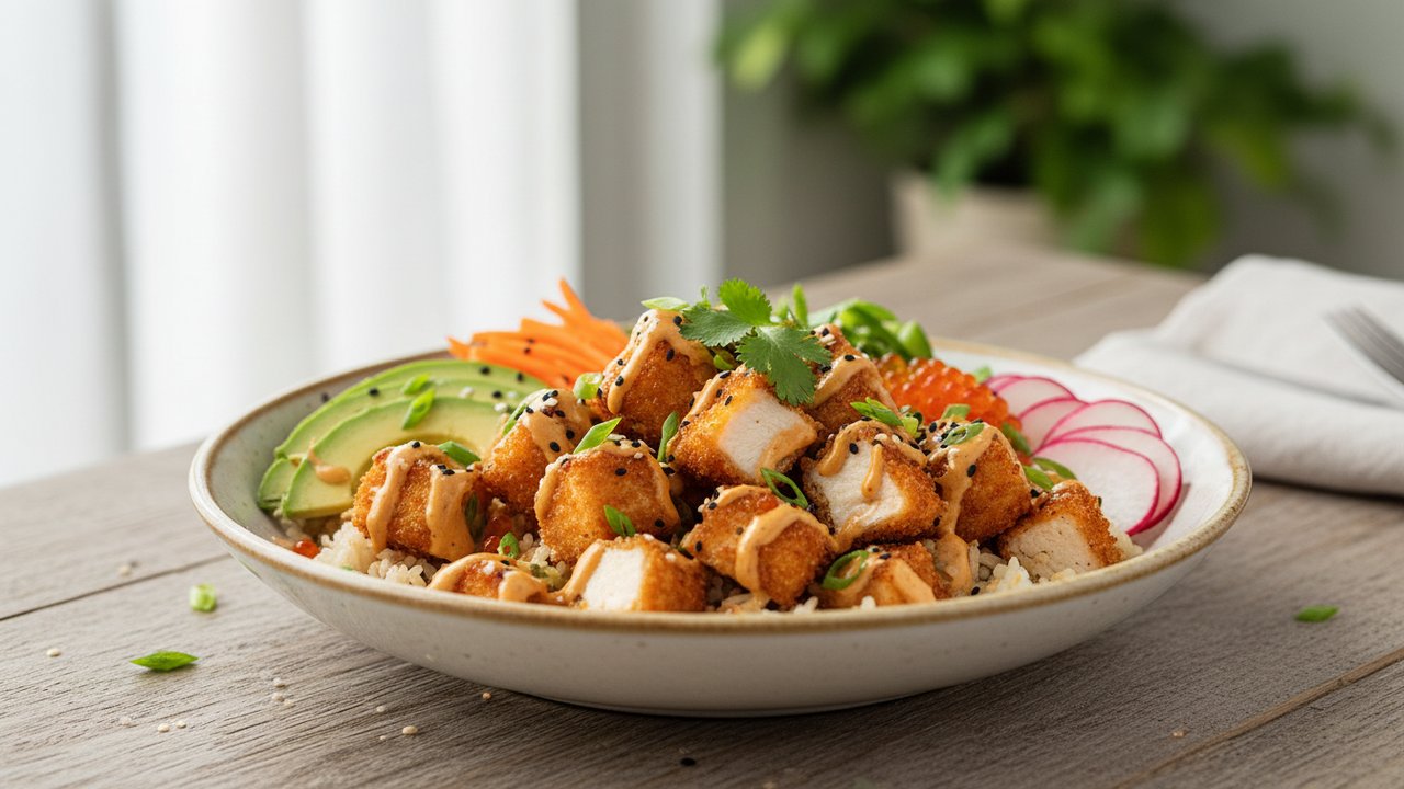 Poke bowl au poulet croustillant panko avec sauce versée