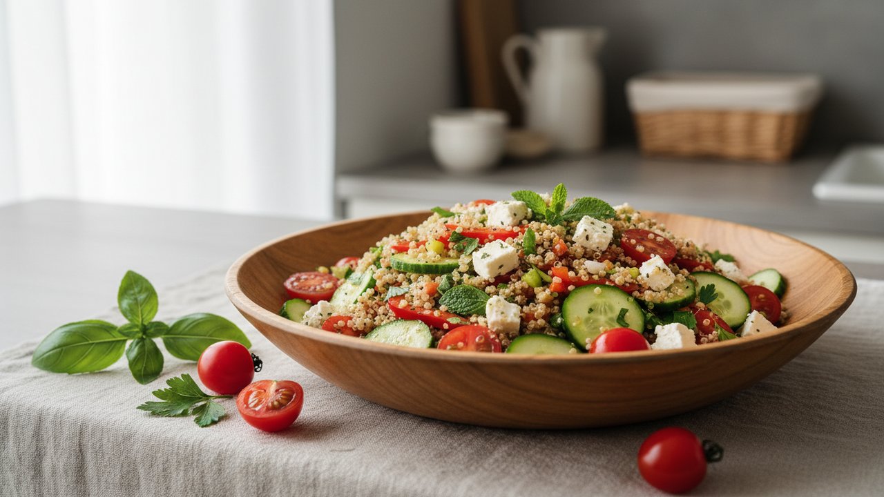 Salade de quinoa avec feta et légumes frais pour accompagner sardines