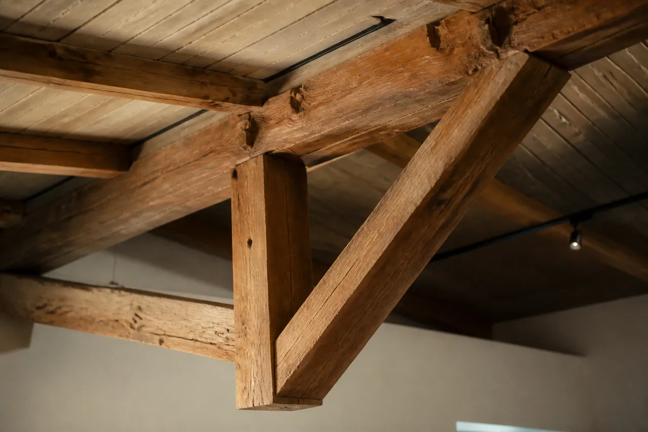 Poutres apparentes mises en valeur dans une déco bois